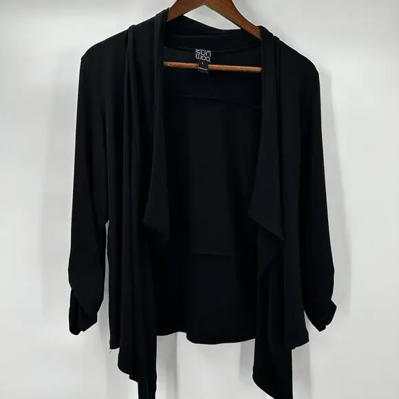 Clara Sun Woo Cardigan Sweater Womens Large Black Open Slinky Office Business - Picture 2 of 9